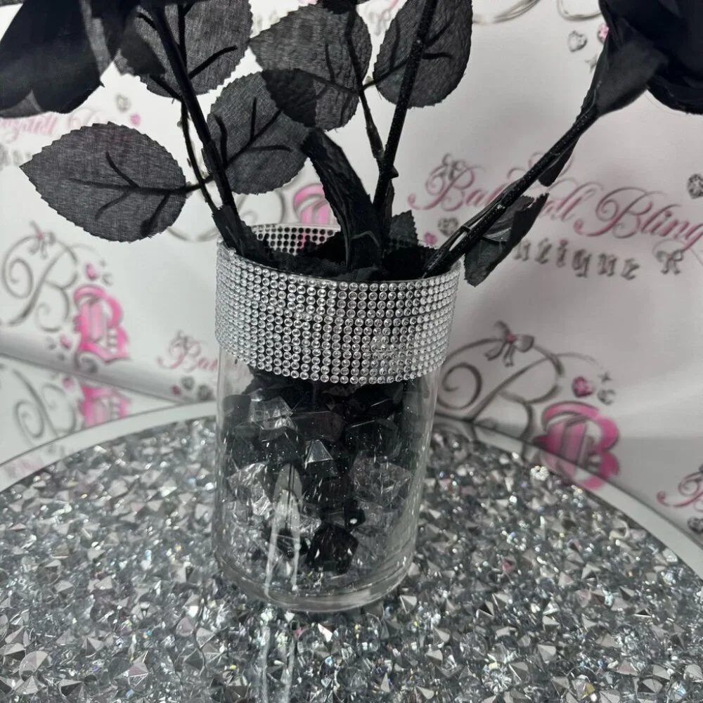 Roses vase sparkly diamond bling black roses black clear pebbles gothic bouquet